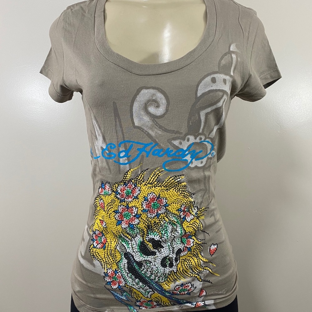 Ed Hardy Women Brown Shirt Rhinestone Beautiful